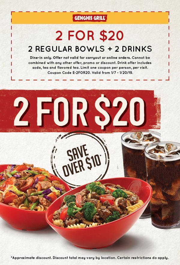 2 for $20 for a limited time only! Get 2 regular bowls + 2 drinks for only $20! Hurry, offer valid through 1/20! 