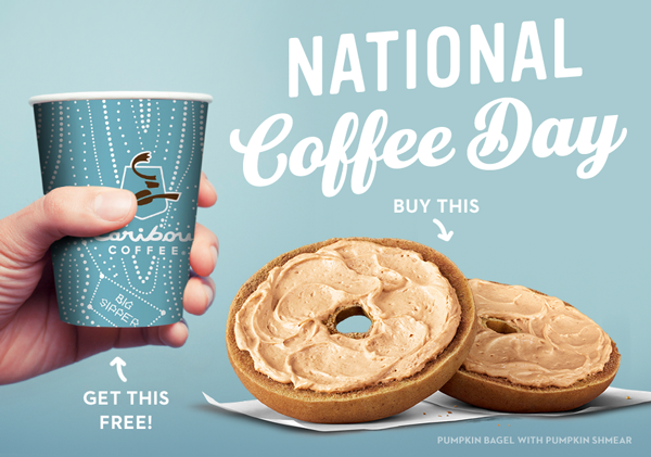 Free medium brewed coffee with any food purchase on National Coffee Day, 9/29/18.