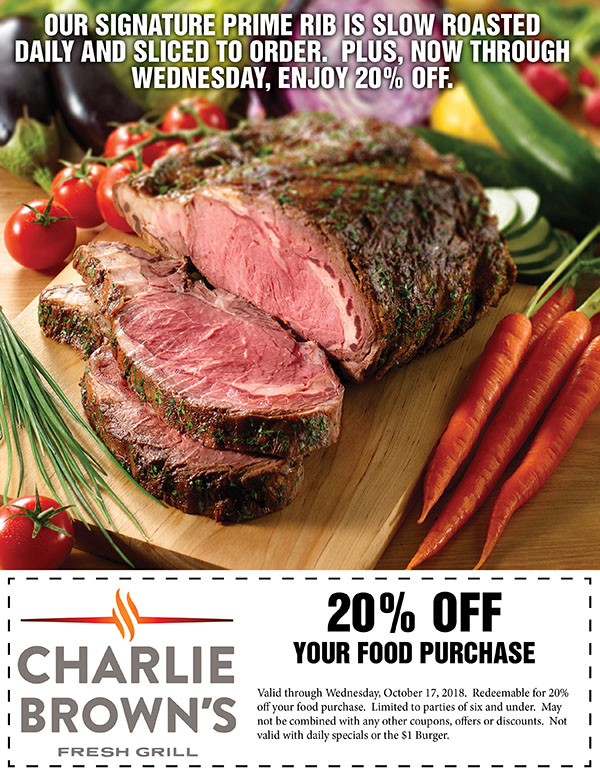 Now through Wednesday, enjoy 20% off at Charlie Brown's.